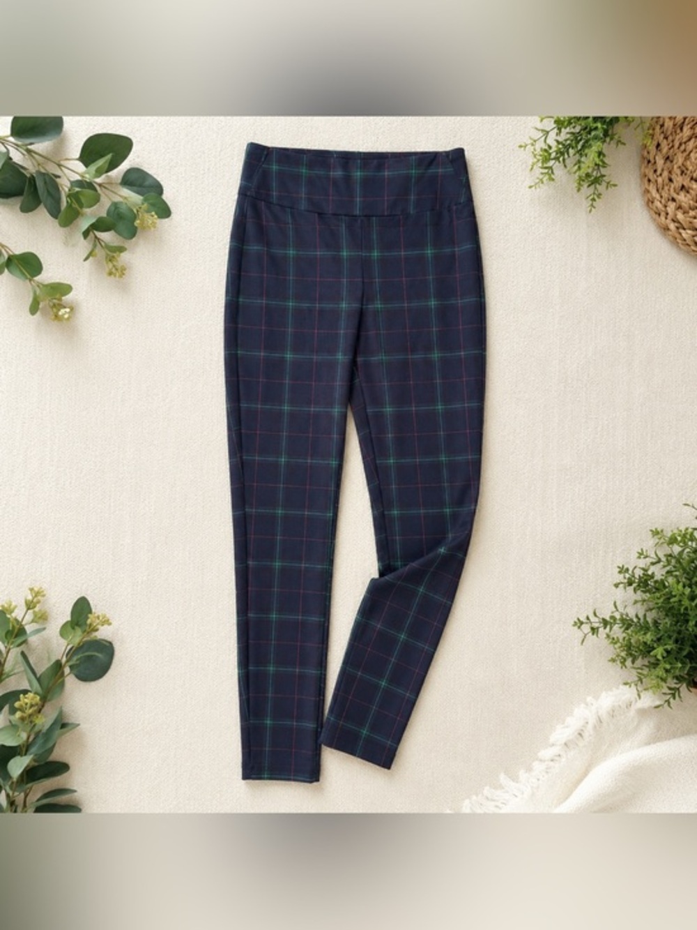 Crown & Ivy Navy Plaid Pull-On Pants |Pink & Green Windowpane |Preppy Stretch